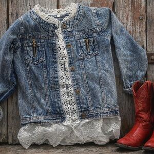 Boho Girls size 7-8 Denim Jacket Lace Trim Western Cowgirl Boutique Style